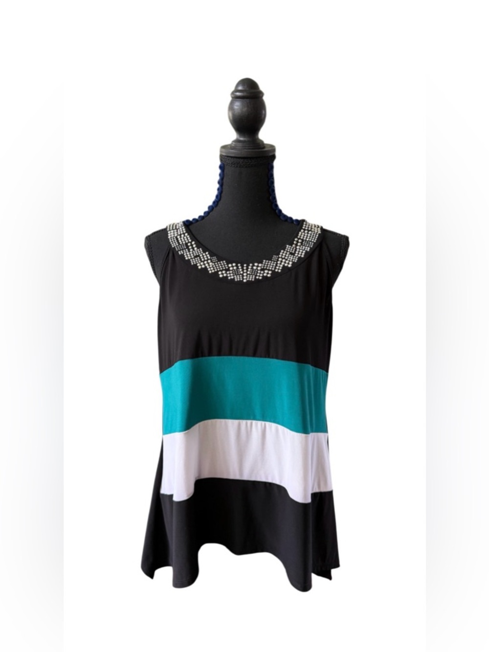 dressbarn Black Teal White Embellished Colorblock Top with Waterfall Sides